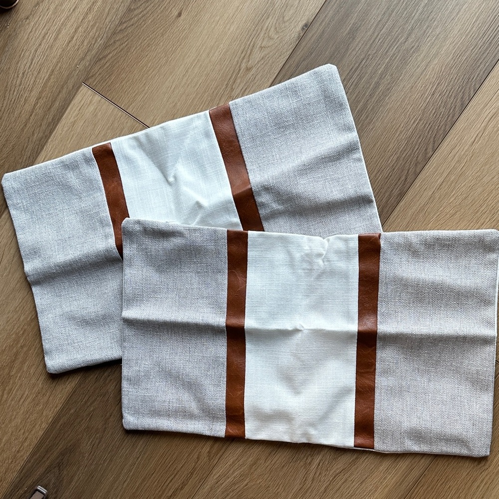 Set of 2 lumbar pillow covers white gray linen look faux leather stripe NEW